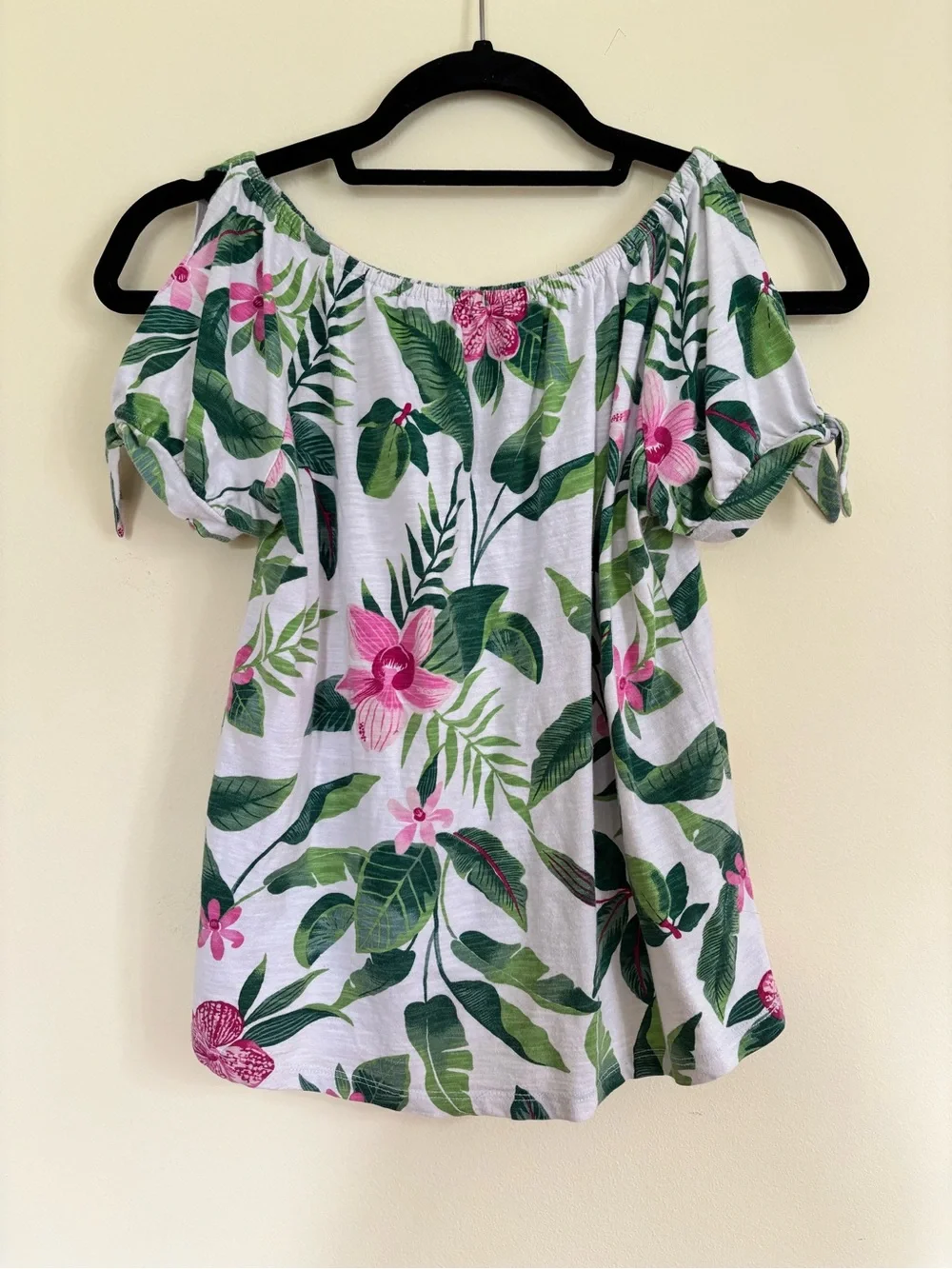 Old Navy Off-Shoulder Crop Top with Pink & Green Tropical Print GIRLS 10-12